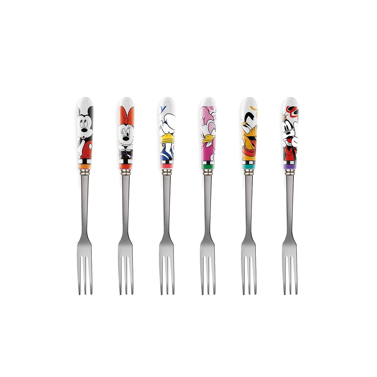 Een set van zes vorken met kleurrijke handvatten op een witte achtergrond.