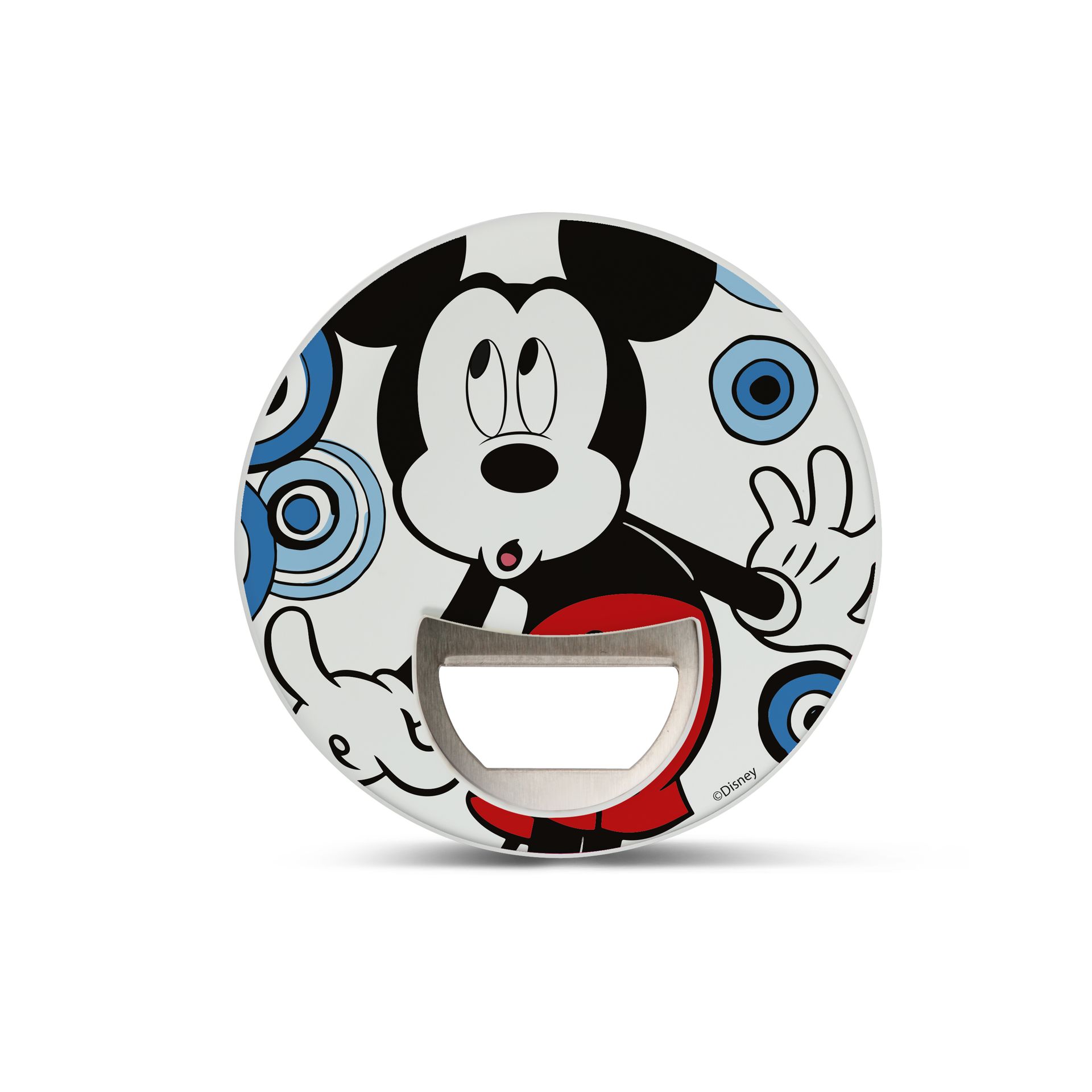 Een flesopener met een afbeelding van Mickey Mouse erop