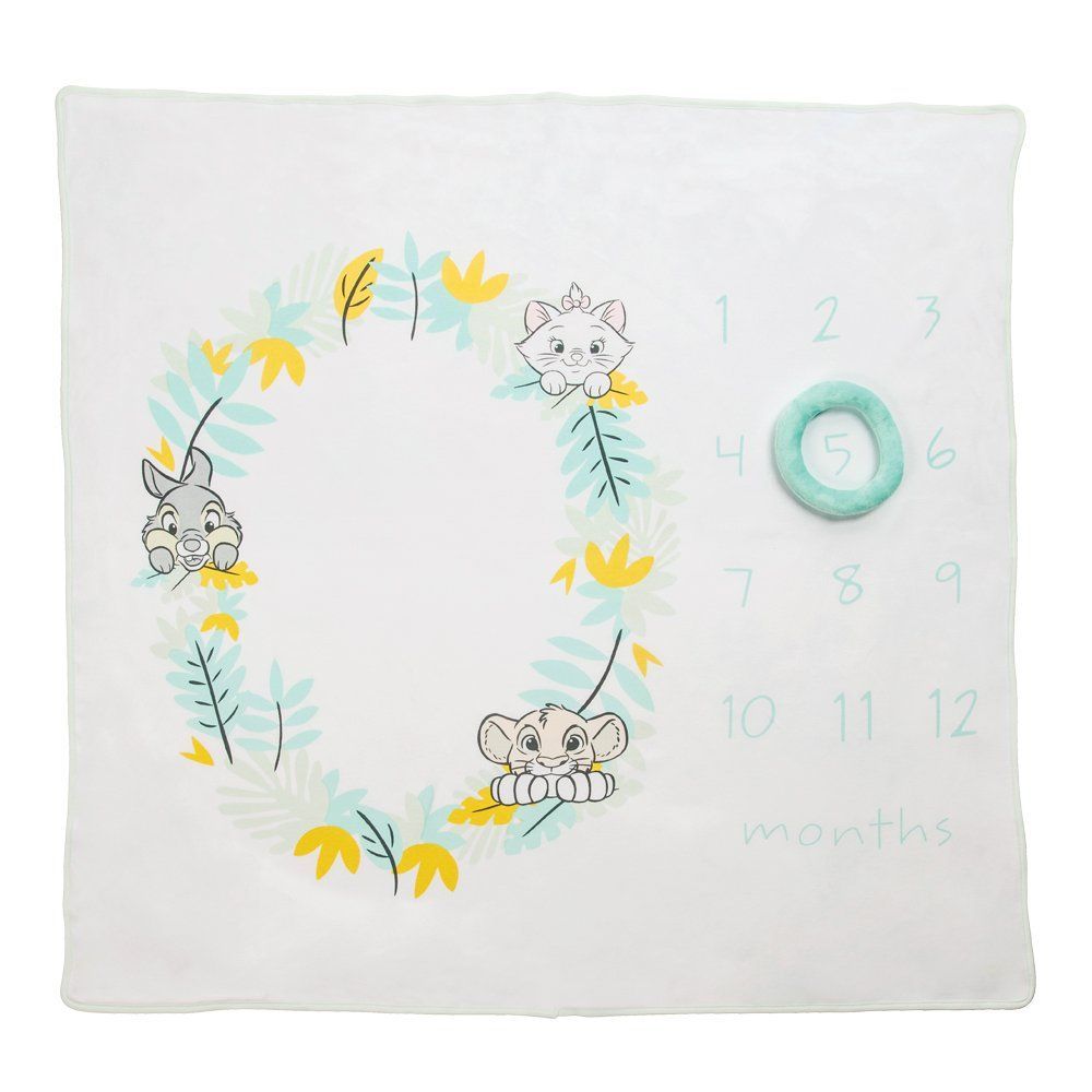 Een babymijlpaaldeken met een rammelaar eraan vast.