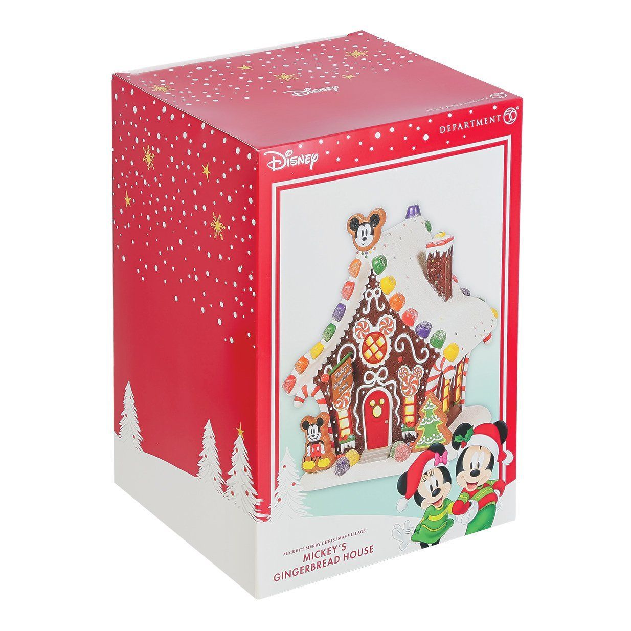 Een Disney peperkoekhuisje als kerstversiering, verpakt in een doosje, met Mickey en Minnie in de sneeuw. Rood en wit van kleur.
