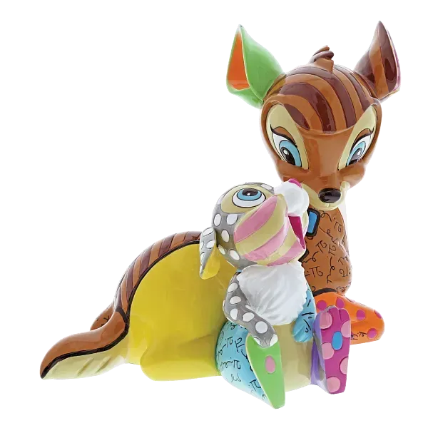 Beeldje van Bambi en Stampertje, gestileerd met heldere kleuren en patronen.