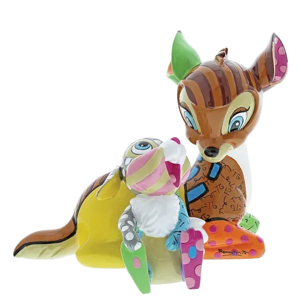 Beeldje van Bambi en Stampertje, gestileerd met heldere kleuren en patronen.