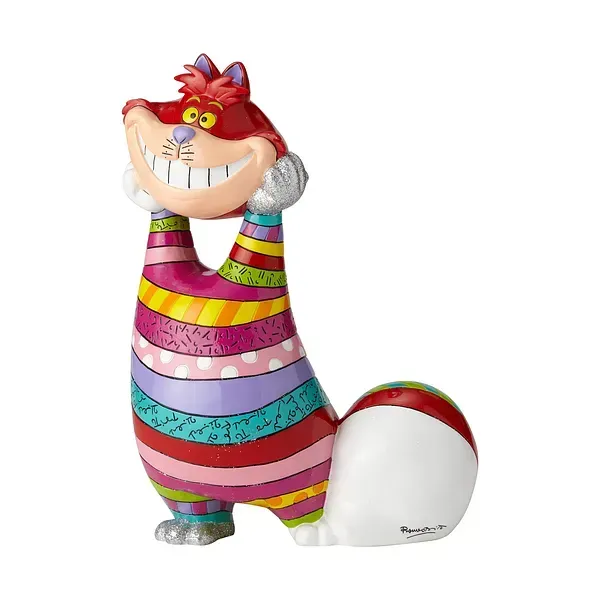 Een beeldje van de Cheshire Cat met levendige strepen, een brede glimlach, witte tanden, rode vacht en een gekrulde staart.