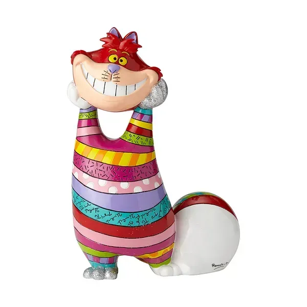Een beeldje van de Cheshire Cat met levendige strepen, een brede glimlach, witte tanden, rode vacht en een gekrulde staart.