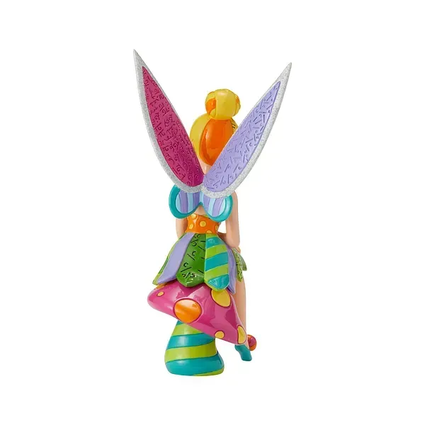 Kleurrijk feeënfiguurtje met versierde vleugels en jurk, zittend op een paddenstoel.