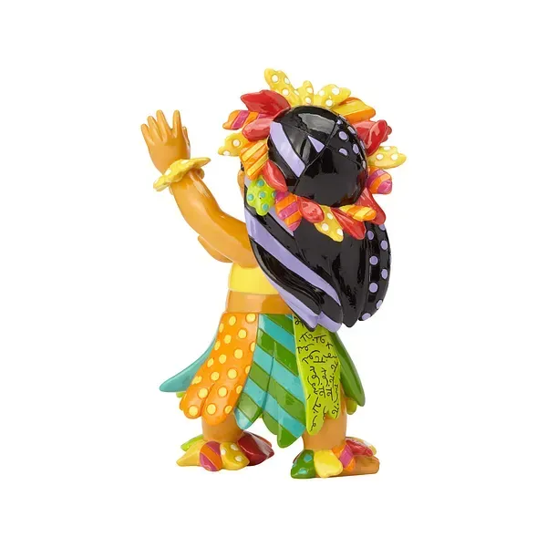 Figuur van een persoon met een kleurrijke bloemenhoofdtooi en -rok, die één arm opheft in een zwaaiende beweging.