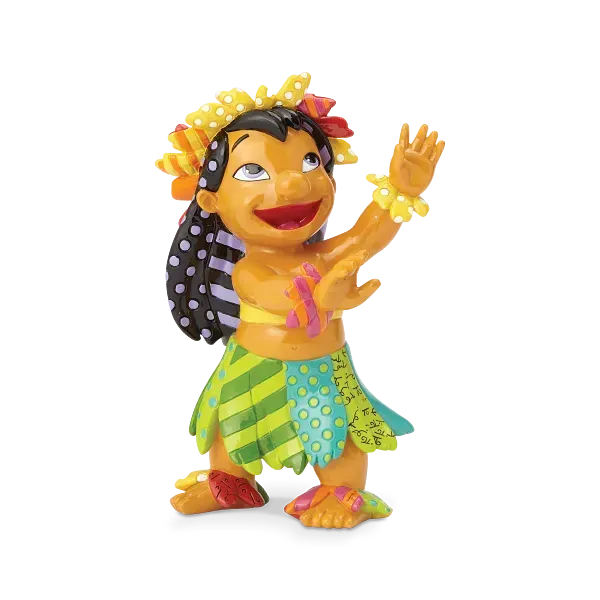 Lilo-figuur in een kleurrijke hula-outfit, zwaaiend, met bloemenaccenten.