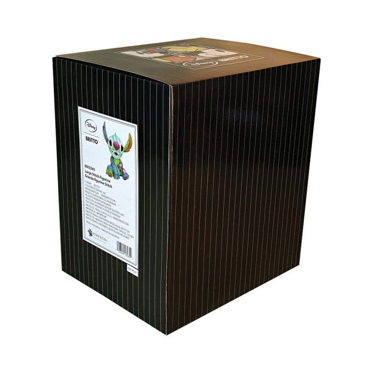 Gestileerd, kleurrijk Stitch-figuurtje met felblauwe, oranje en paarse details, dat lacht.