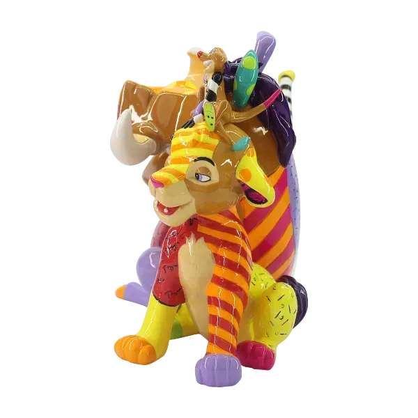 Kleurrijk keramisch beeldje van Timon, Pumbaa en Simba uit De Leeuwenkoning.