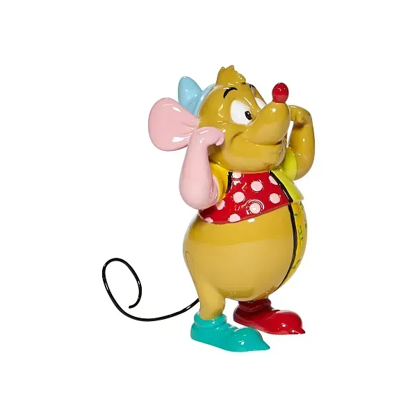 Gus, een muisfiguurtje uit Disney's Assepoester, met een rood vestje met stippen, blauwe schoenen en zijn oren vastgehouden.
