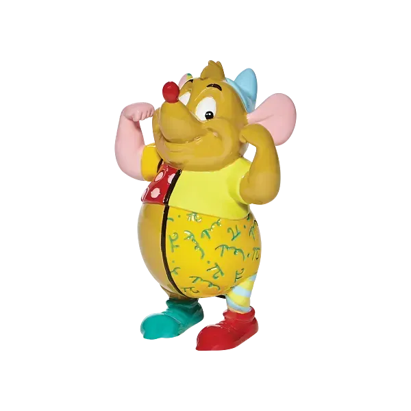 Gus, een muisfiguurtje uit Disney's Assepoester, met een rood vestje met stippen, blauwe schoenen en zijn oren vastgehouden.