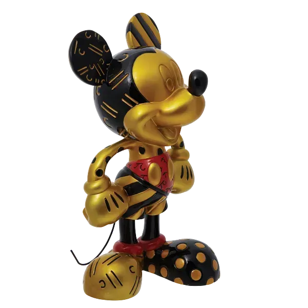 Gouden en zwarte Mickey Mouse-figuur met geometrische patronen en rode accenten.