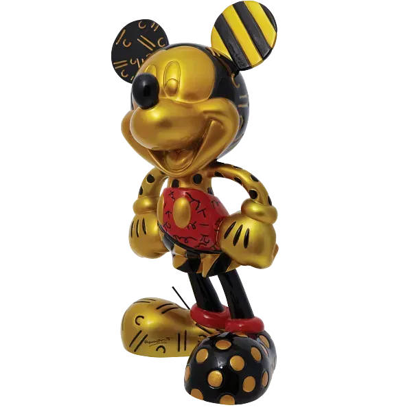 Gouden Mickey Mouse-beeldje met zwarte en rode accenten, lachend.