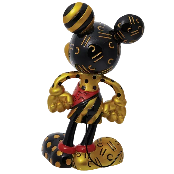 Abstracte Mickey Mouse-figuur in zwart en goud, met gestileerde strepen en stippen.