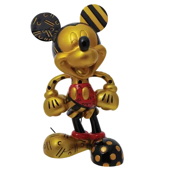 Gouden Mickey Mouse-beeldje met zwarte en rode accenten, lachend.