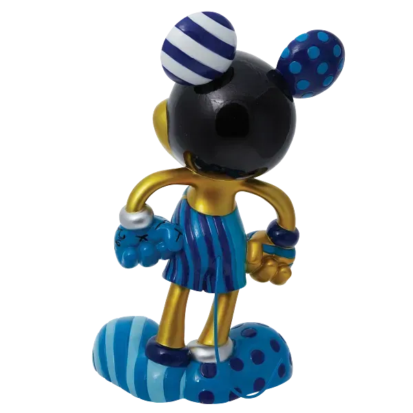 Gouden Mickey Mouse-beeldje met blauwe en gouden accenten; lachend en met een tas in zijn hand.