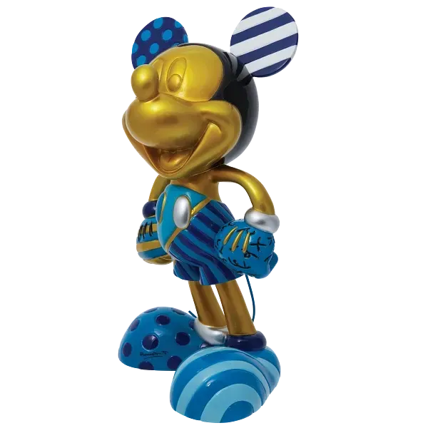 Gouden Mickey Mouse-beeldje met blauwe en gouden accenten; lachend en met een tas in zijn hand.