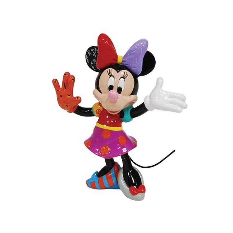 Een Minnie Mouse-figuurtje, gekleed in een kleurrijke jurk met strikjes, zwaaiend met één hand omhoog.