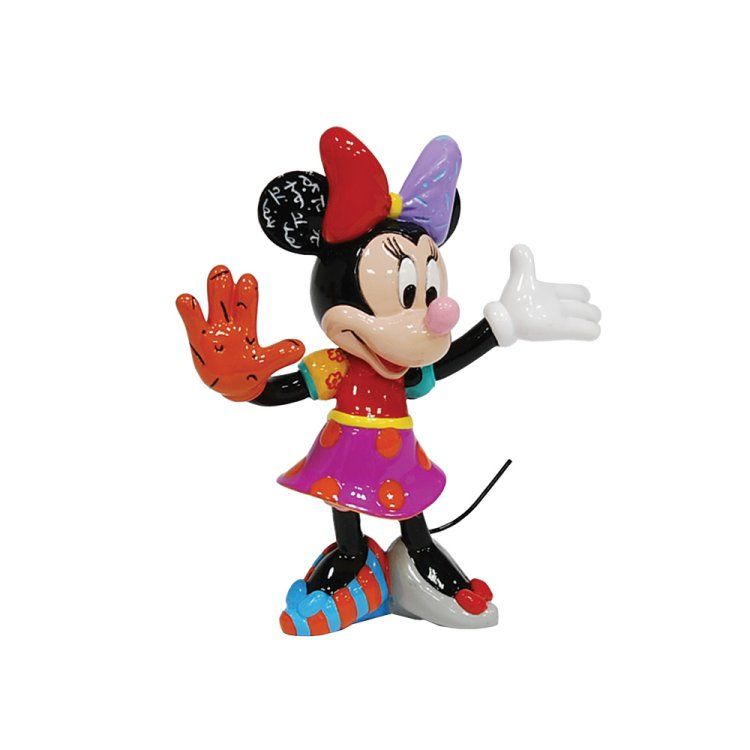 Een Minnie Mouse-figuurtje, gekleed in een kleurrijke jurk met strikjes, zwaaiend met één hand omhoog.