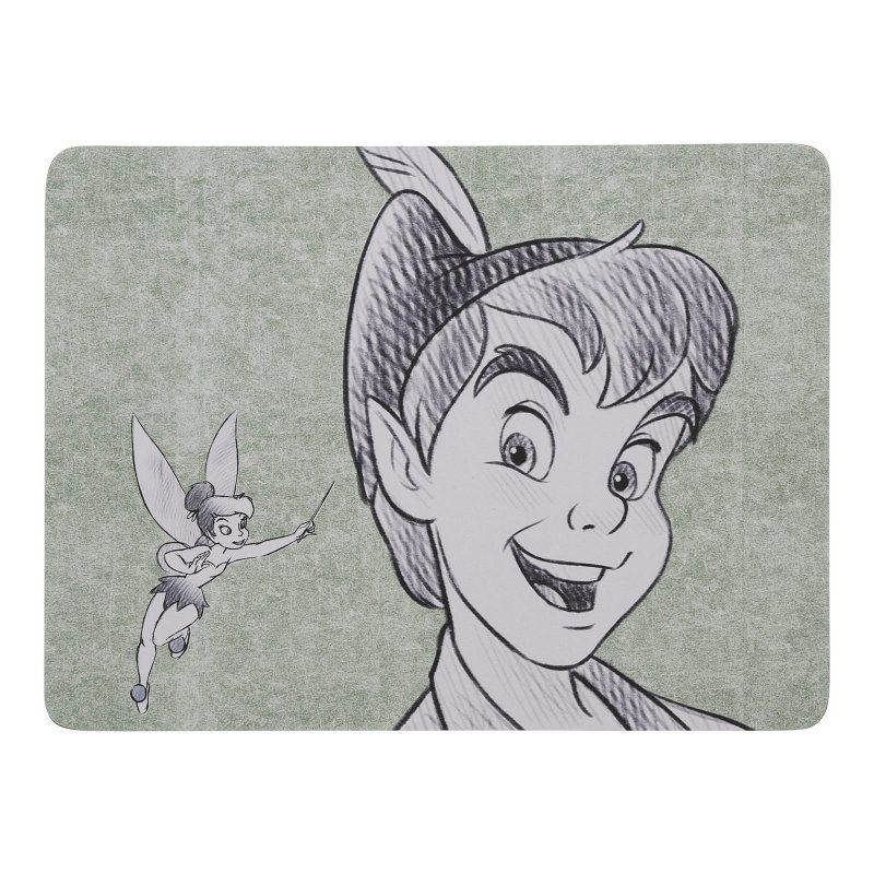 Een zwart-wit tekening van Peter Pan en Tinkerbell
