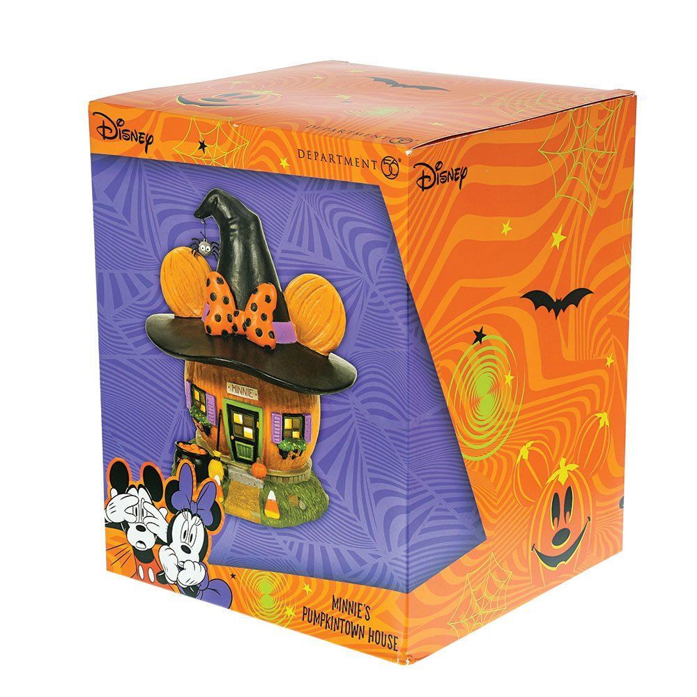In een doosje verpakte Halloween Mickey Mouse-figuur met heksenhoed. Oranje, paars en groen.