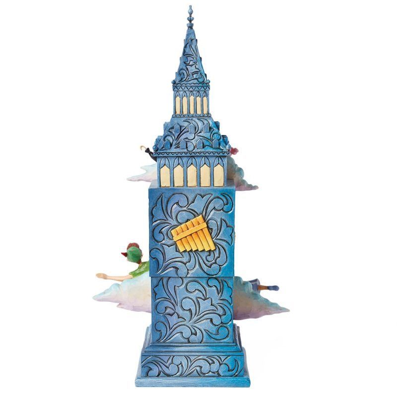 Een blauw standbeeld van de klokkentoren van Big Ben met Peter Pan die eromheen vliegt.