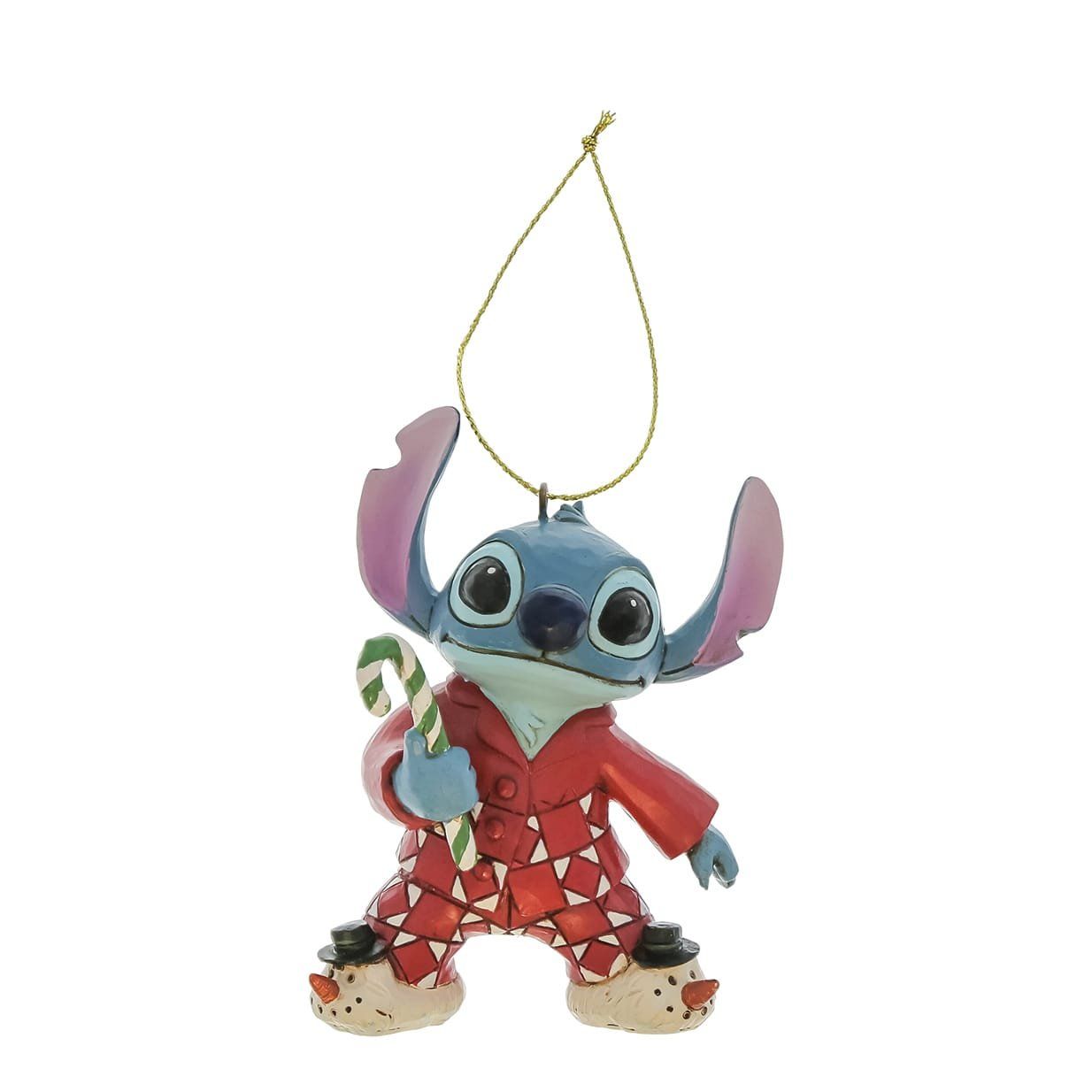 Een kerstversiering van Stitch die een zuurstok vasthoudt