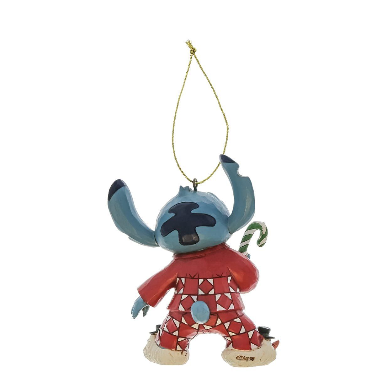 Een kerstversiering van Stitch die een zuurstok vasthoudt