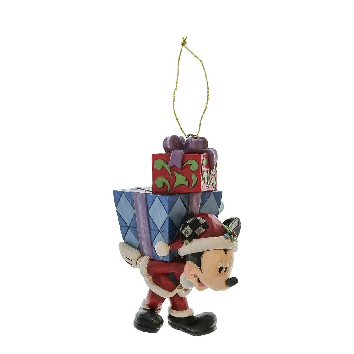 Een Mickey Mouse-ornament draagt een stapel cadeautjes.
