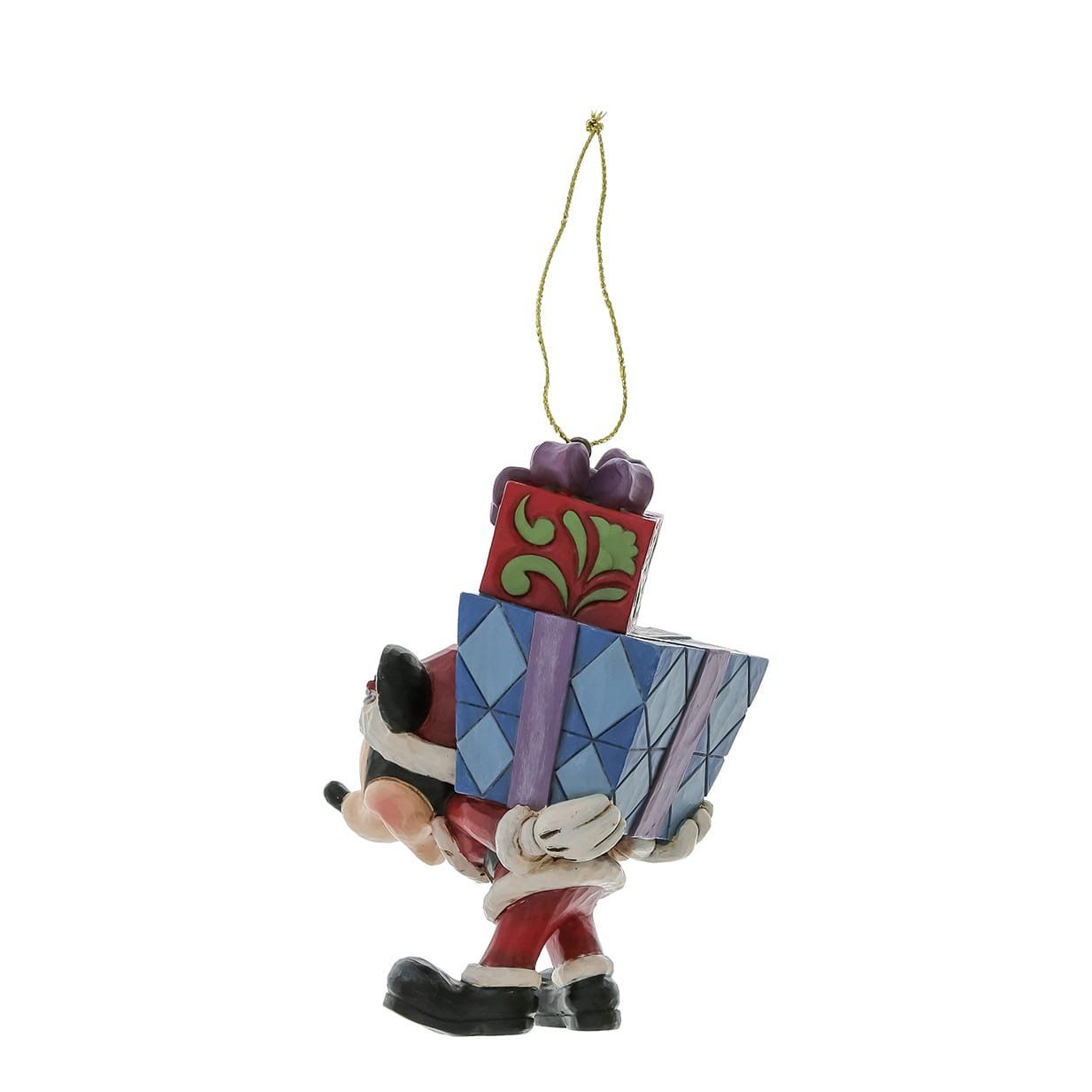 Een Mickey Mouse-ornament draagt een stapel cadeautjes.
