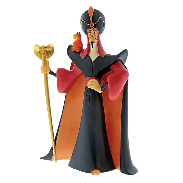 Een Jafar-figuurtje uit Disney's Aladdin, gekleed in een zwart gewaad met rode voering, met een staf in zijn hand en vergezeld door de rode vogel Iago.