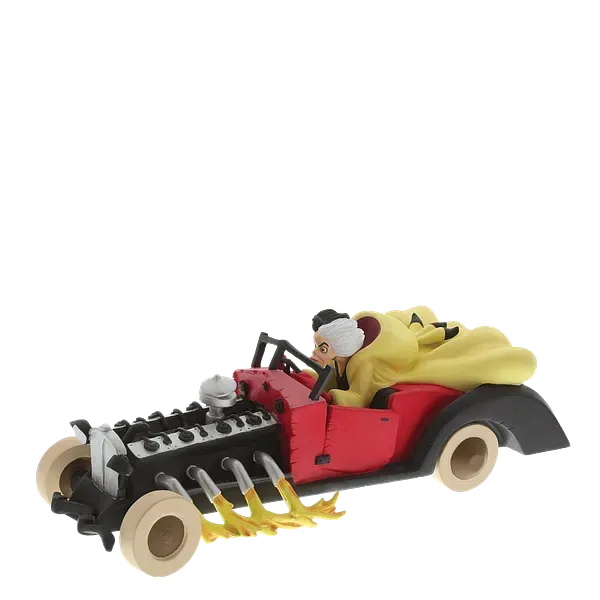 Speelgoedauto met een persoon achter het stuur. Rode auto, zwarte motor, gele vlammen.