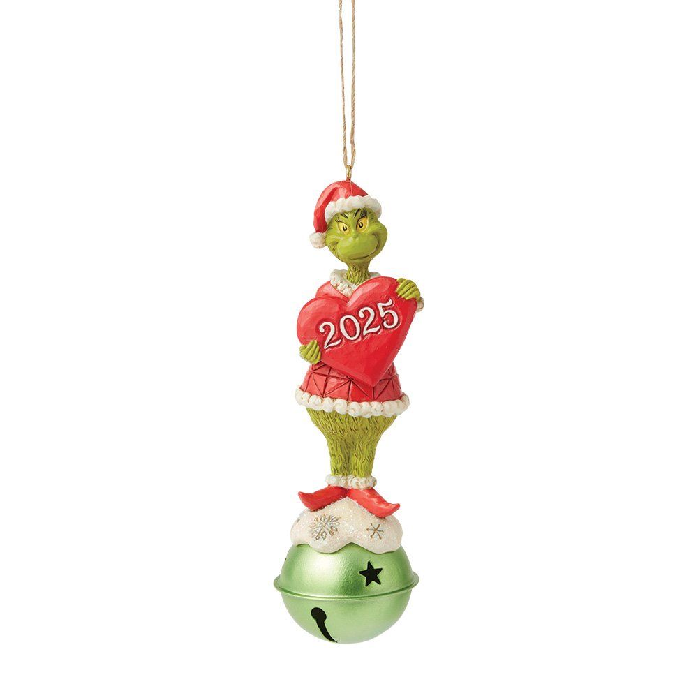 Een grinch-ornament met een hart op een bel.