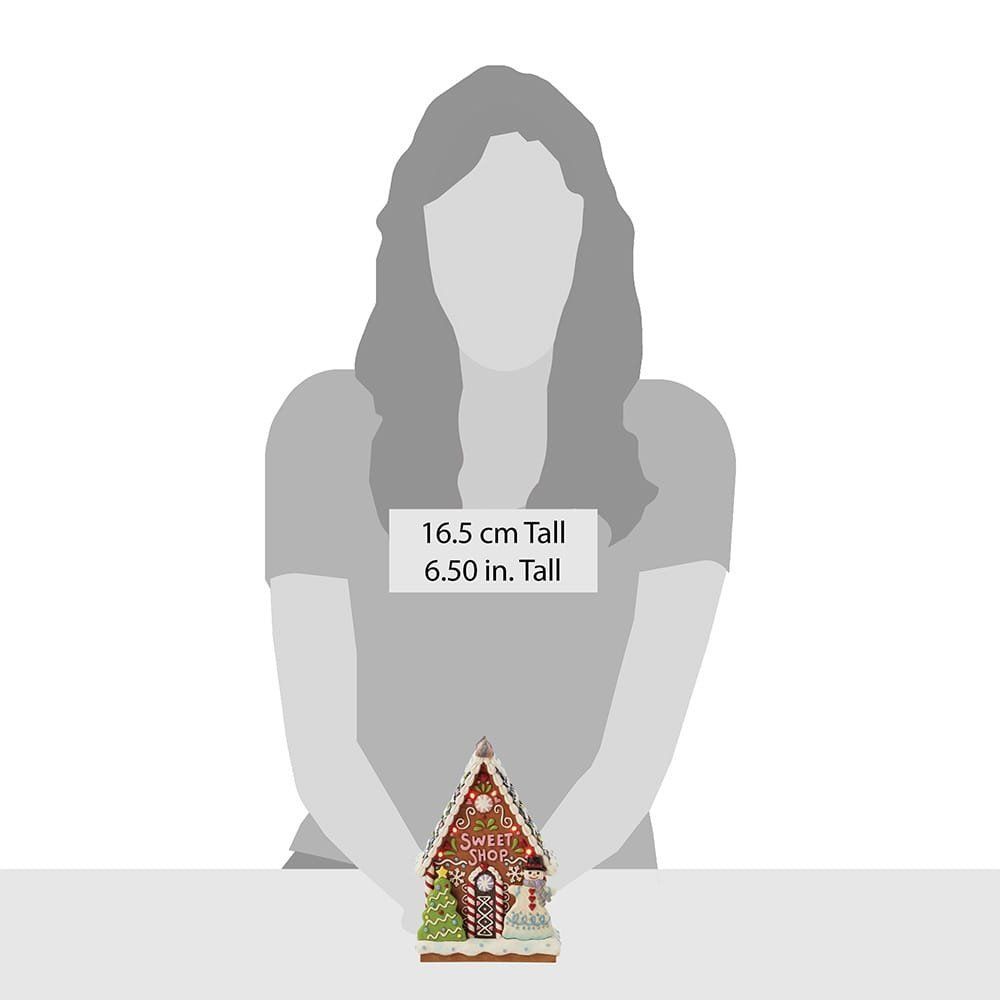 Een peperkoekenhuisje met een sneeuwpop en een kerstboom erop.