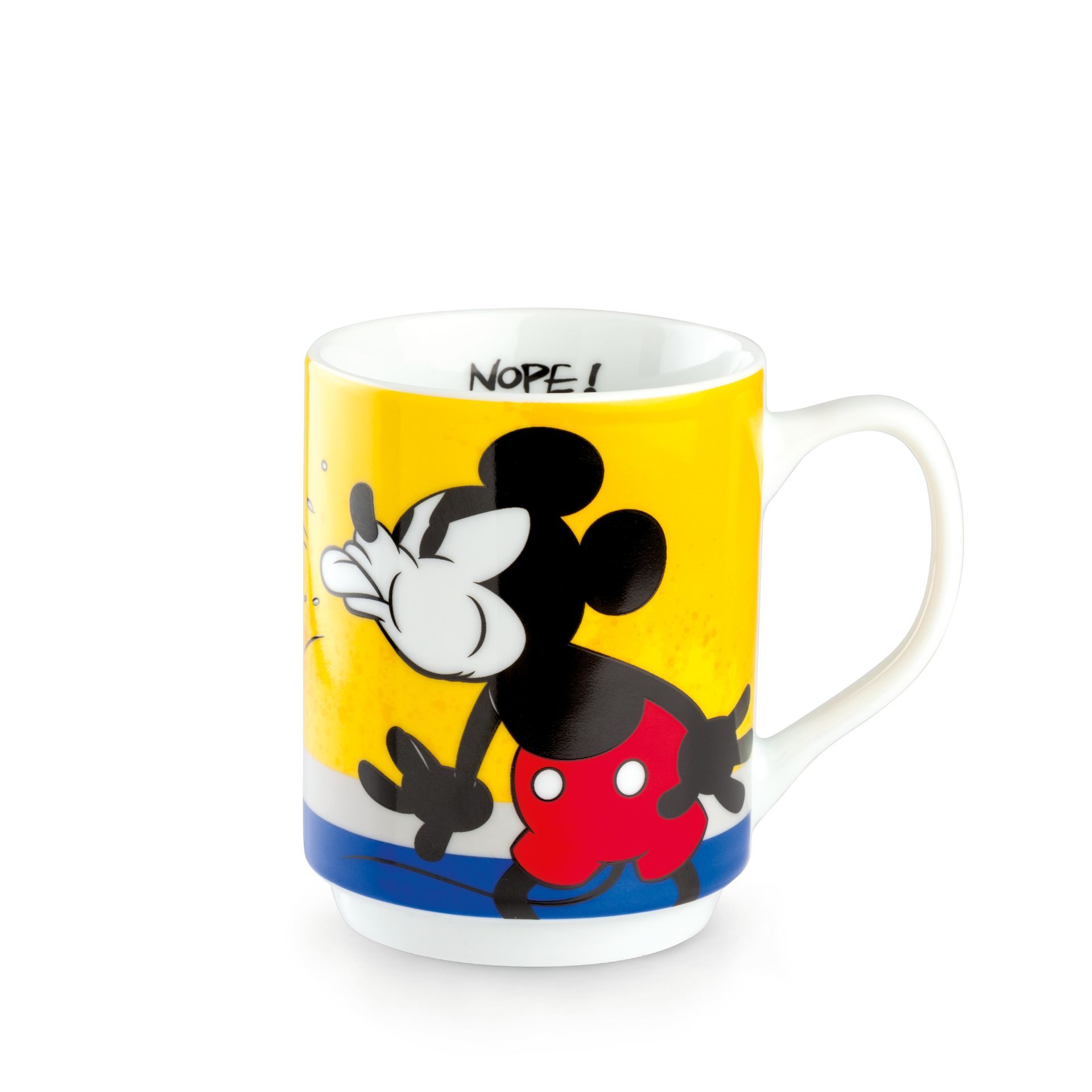 Een mickey mouse mok met de tekst nee erop