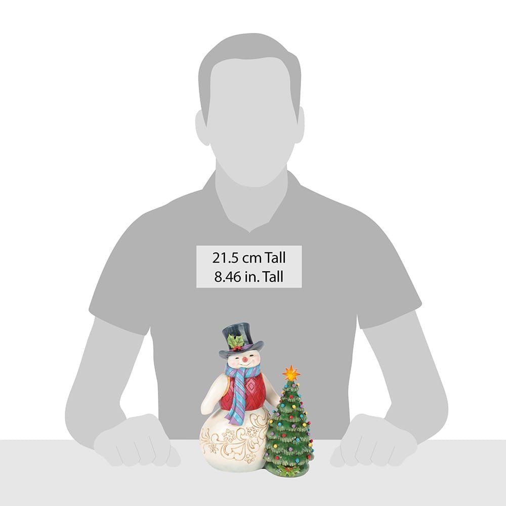 Een sneeuwpop met een hoge hoed en sjaal staat naast een kerstboom