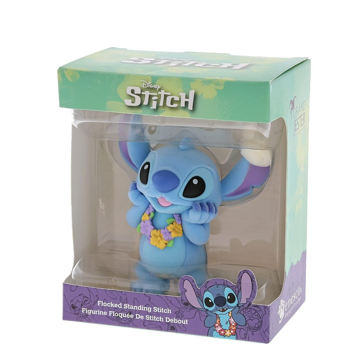 Een beeldje van stitch zit in een doos.