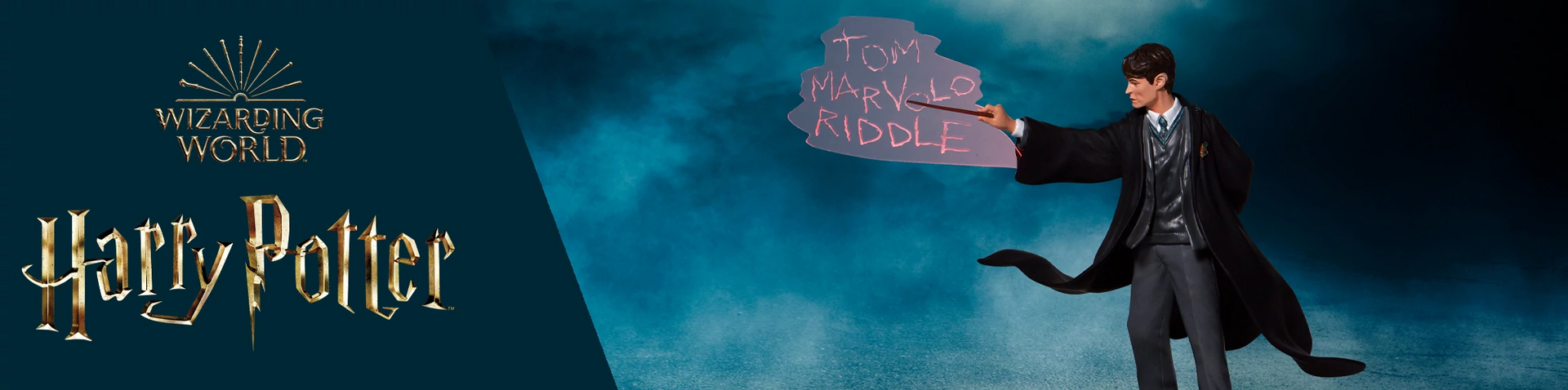 Een man in een Harry Potter-kostuum houdt een toverstaf vast.