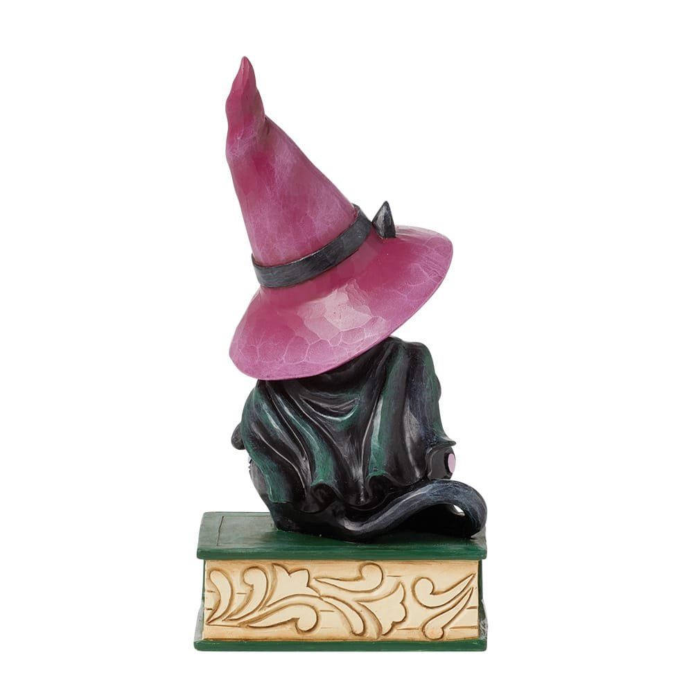 Een beeld van een kat met een heksenhoed die bovenop een boek zit.