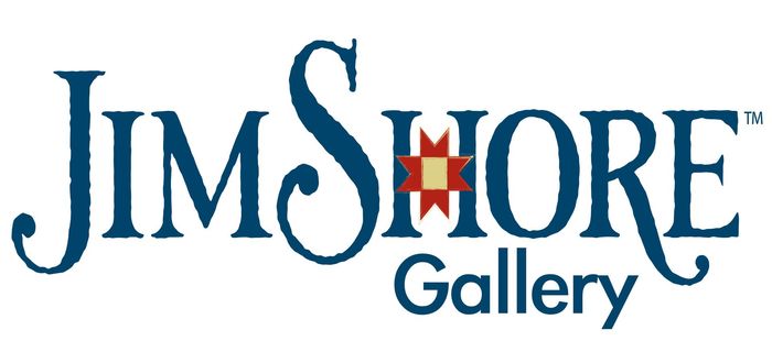 Een blauw en wit logo voor de Jim Shore Gallery