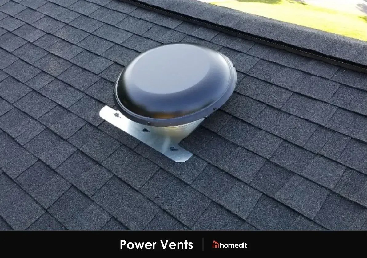 A black vent is sitting on top of a black roof.