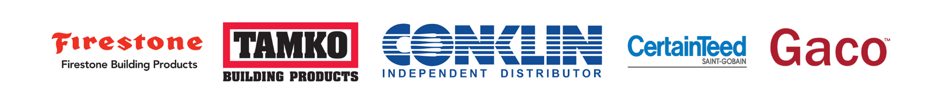 Logos for roofing and building supply companies: Firestone, TAMKO, Conklin, CertainTeed, and Gaco.