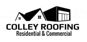 Logo for Colley Roofing with an illustration of a house and a commercial building above the company name.