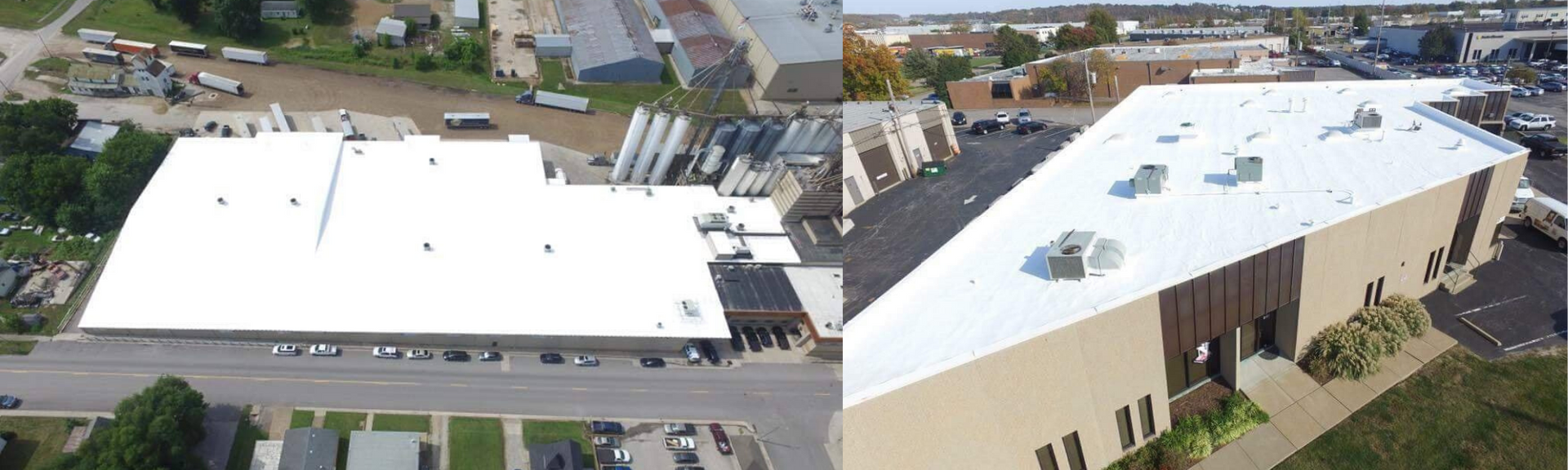 An aerial view showing two different commercial buildings with newly installed bright white flat roofs.