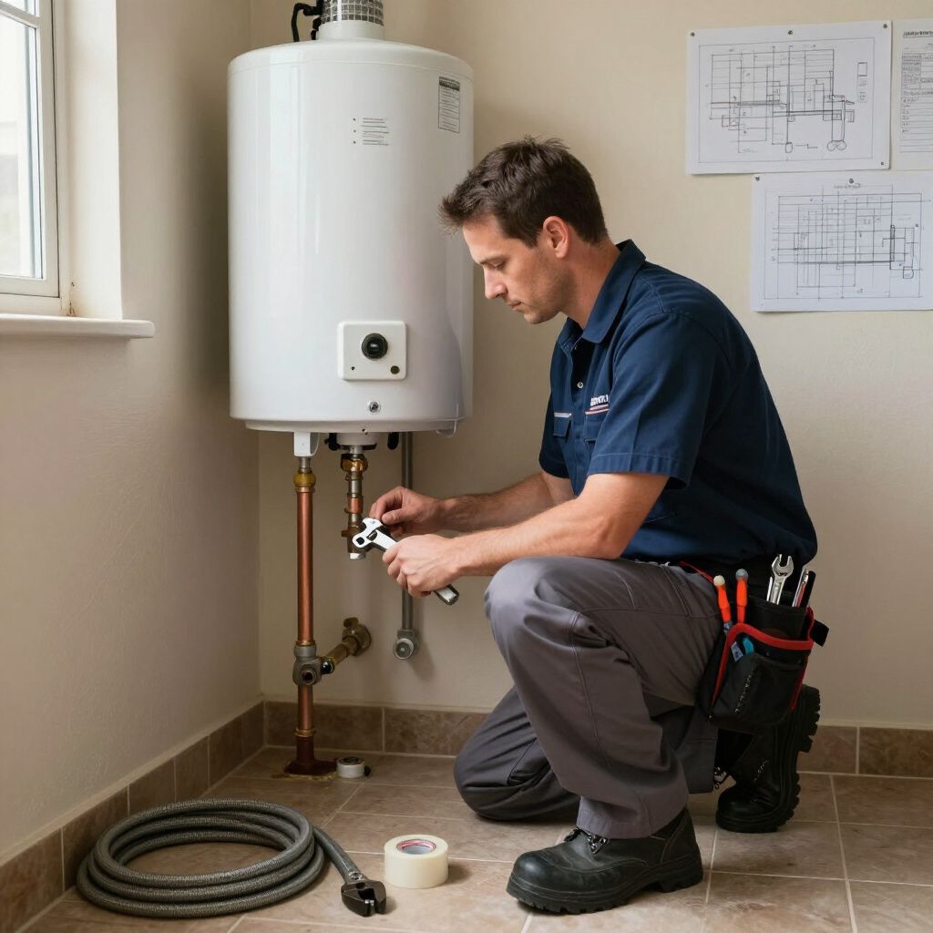 Plumber installing a water heater, kneeling in a room with tools and a roll of electrical cord.