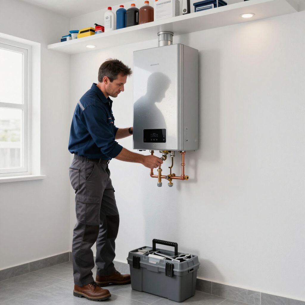 Man in uniform working on a wall-mounted boiler, toolbox at his feet, in a bright utility room.