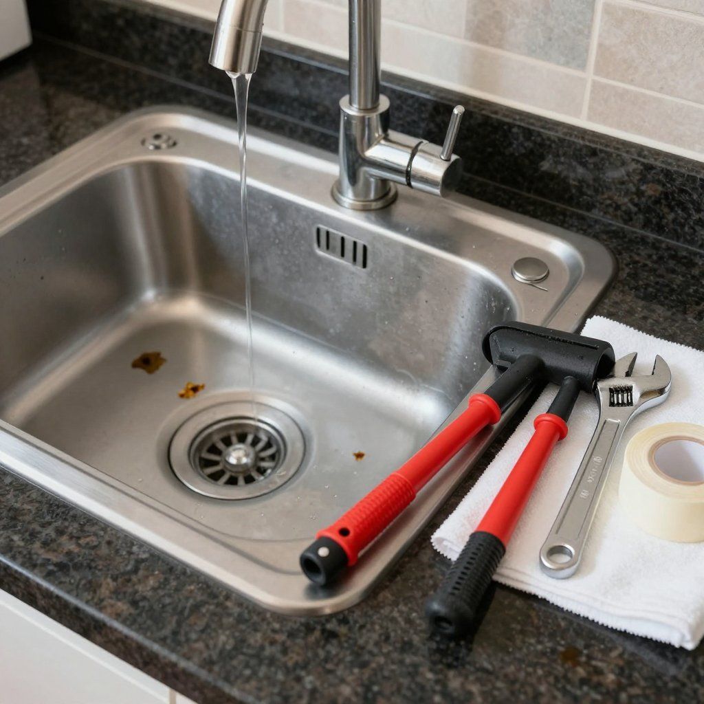 Kitchen sink with running water, tools (hammer, wrench, tape) on counter, tiles in background.