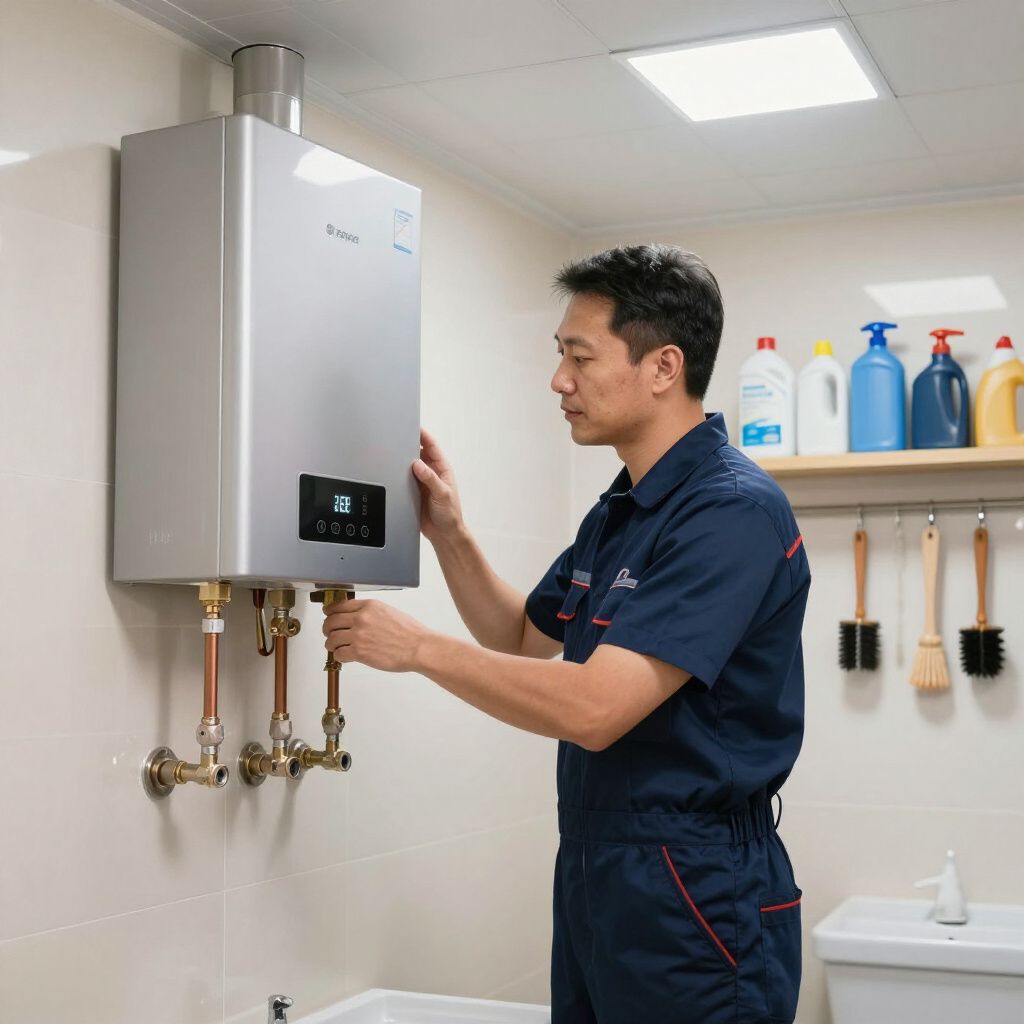 Plumber connecting pipes to a wall-mounted water heater in a utility room.
