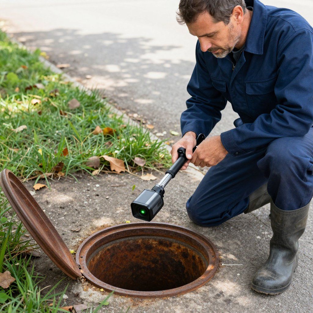 Man in blue jumpsuit inspects sewer with a light. He kneels beside open manhole on sidewalk.