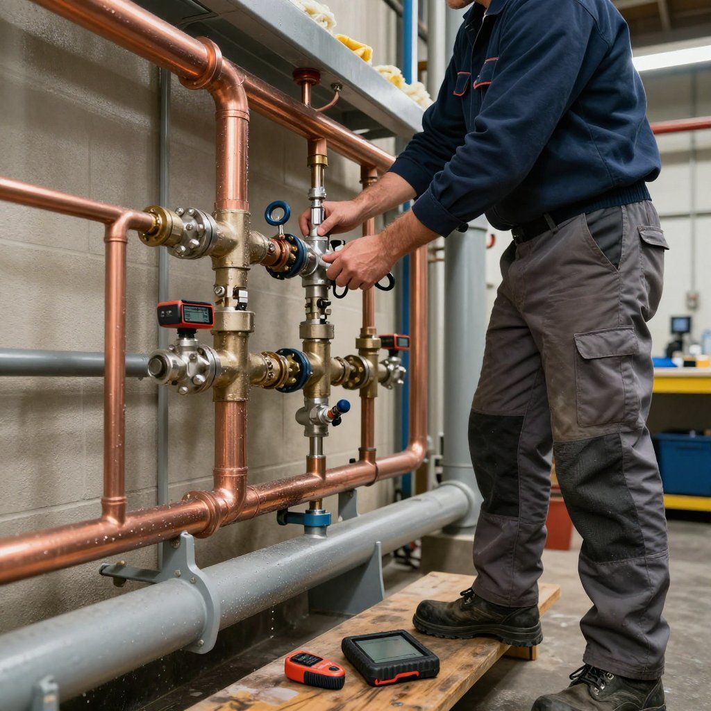 Plumber working on copper pipes, holding a tool, indoors. Gray pants, black boots, and a measuring device are present.